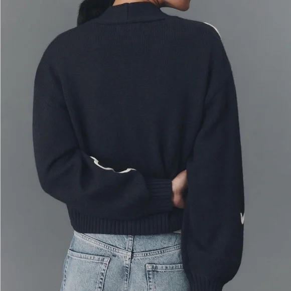 Anthropologie Dimensional Floral Crop Cardigan - Navy & White - Picture 2 of 5